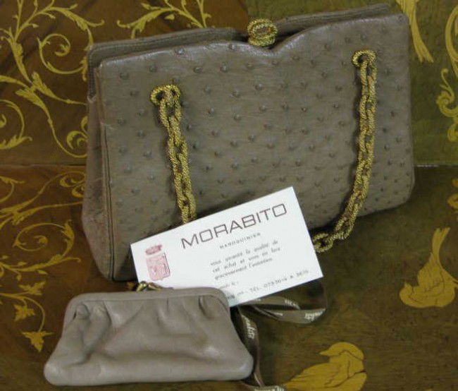 MORABITO, PARIS, FRANCE: Brown Ostrich skin purse with chain link handles, like new condition.