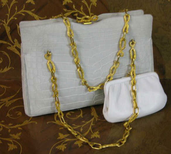 MORABITO, PARIS, FRANCE: White Crocodile skin handbag with gold tone chain link handles, like new condition with tags.