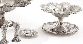 REED & BARTON, TAUNTON, MA: Five pieces sterling silver table articles, "Francis I" pattern; compote, bread/butter dish, nut dish, salt and pepper shakers. Weight 26.15 troy ounces