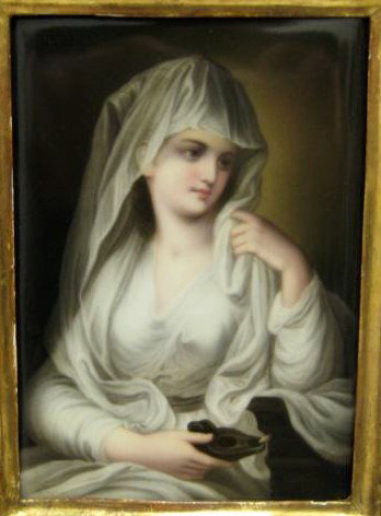 PORTRAIT OF A LADY ON PORCELAIN PLAQUE: Painted after Angelica Kauffmann of a woman dressed as Vestal Virgin, wearing white floating robe, veil and holding Roman oil lamp, rectangular, in Florentine style gilt wood frame, 19th/20th century.