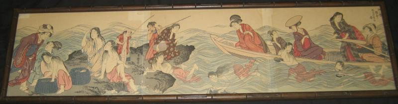 KITAGAWA UTAMARO, JAPANESE (1754-1806): Female abalone divers, in the water and on shore, horizontal woodblock triptych in single frame; right image only signed. 11 x 41 in.