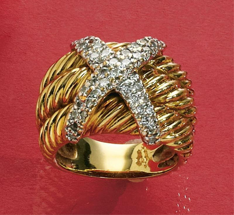 DIAMOND RING, DAVID YURMAN: 14k yellow gold fluted ring topped with a signature "X" set with forty round brilliant cut diamonds weighing .60ct.t.w. Size 8.