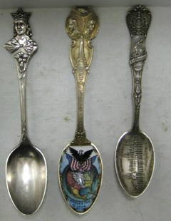 THREE STERLING SILVER SOUVENIR SPOONS: Related to St. Louis and St. Louis World's Fair - 1904 comprising Frank W. Smith Silver Co., spoon with a bust of a King inscribed Saint Louis (5 7/8") and two by Watson, Newell Co., one with enamel d