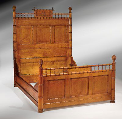 AMERICAN 19TH CENTURY BIRD'S EYE MAPLE BEDROOM SET: Manner of R. J. Horner of New York. Faux bamboo dresser with mirror and bedstead; the bed with tall solid paneled headboard and footboard with spindle top rails and finely turned ball finials, ht. 78,