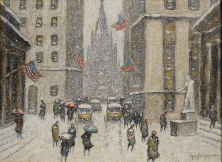 MANNER OF GUY WIGGINS: WALL STREET, oil on canvas board, signed lower right, titled and signed on verso, gilt framed. 12 x 15 3/4 inches