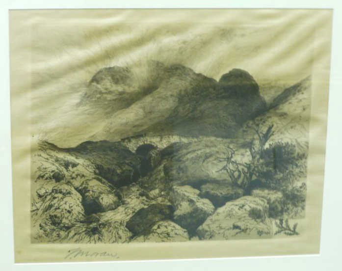 THOMAS MORAN, AMERICAN (1837-1926): Mountainous landscape, etching on silk, signed in pencil lower margin, framed. 9 1/4 x 11 1/2 inches
