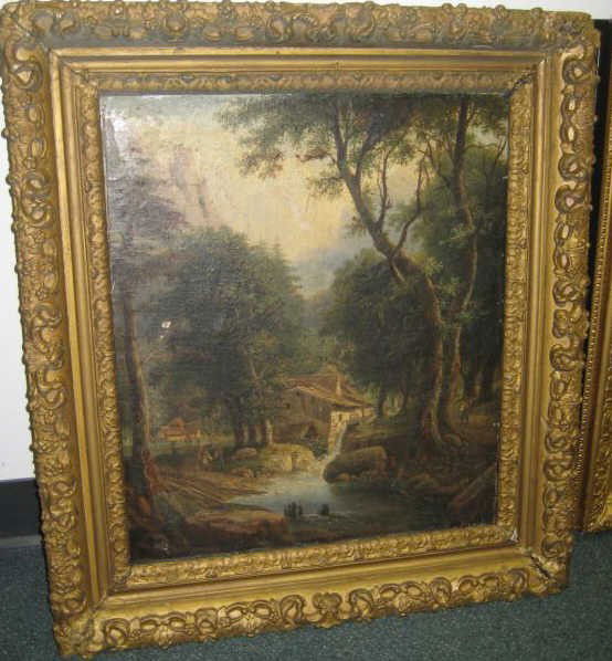 BRITISH SCHOOL (EARLY 19TH CENTURY): Figures in wooded landscape with mill, oil on canvas mounted on board, paint loss, gilt-framed. 21 1/2 x 17 3/4 inches