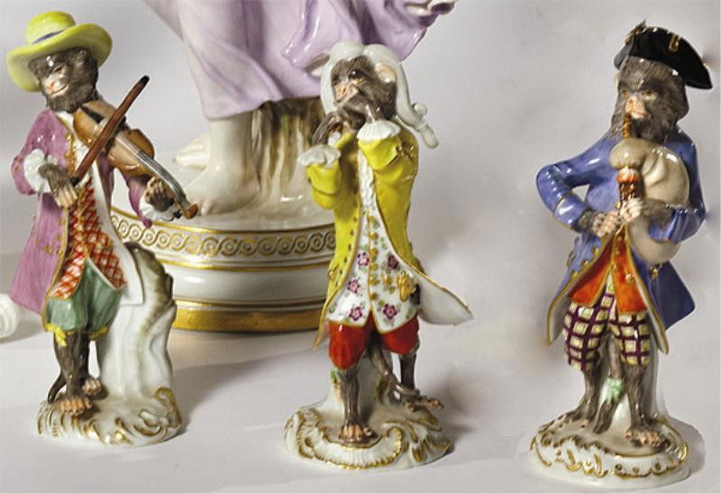MEISSEN PORCELAIN MONKEY ORCHESTRA FIGURINES: Set of three from "Der Affenkapelle" series modeled after J.J. Kaendler; Violinist, Bagpiper and Clarinetist (broken instrument), each bearing crossed swords mark and numbers including series 6000-4,