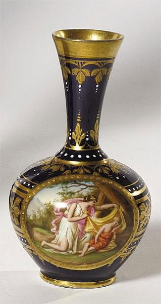 ROYAL VIENNA PORCELAIN VASE: Cobalt blue grounded, bottle form, painted circular reserve of Classical scene, signed Rimer, gilt and beaded decoration, blue shield underglaze mark and inscription "Der schlafende Genius", 20th cent