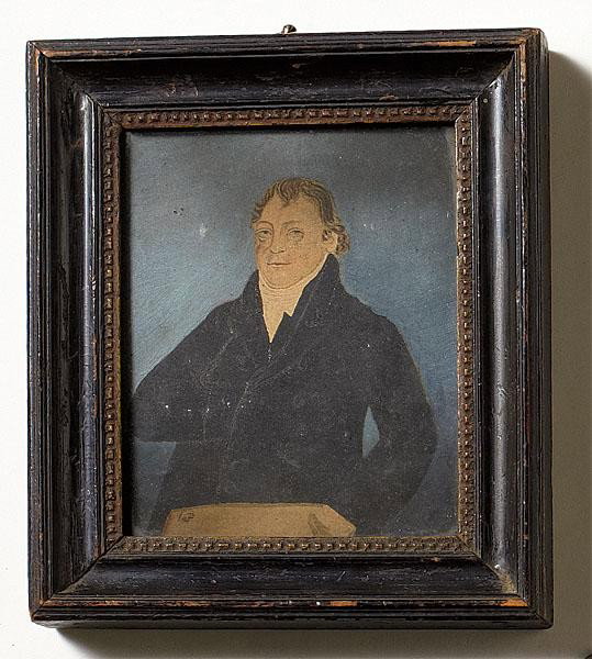 LATE 18TH CENTURY: Miniature folk art portrait depicting a gentleman in black topcoat, identified as Jonathan Barnby, watercolor, framed. 4 3/4 x 6 inches