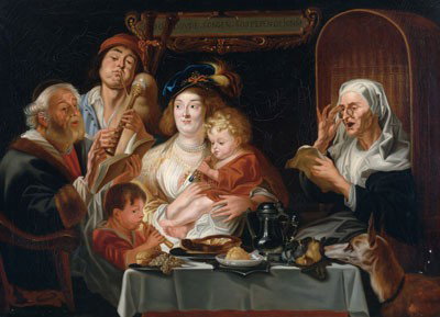 AFTER JACOB JORDAENS, FLEMISH (1593-1678): AS THE OLD SING, SO THE YOUNG PIPE, oil on canvas, framed. 26 x 35 1/2 inches