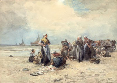 CONTINENTAL SCHOOL, LATE 19TH-EARLY 20TH CENTURY: Fisherfolk on a beach, watercolor on paper, signed indistinctly lower right, framed. 16 3/4 x 23 1/2 inches