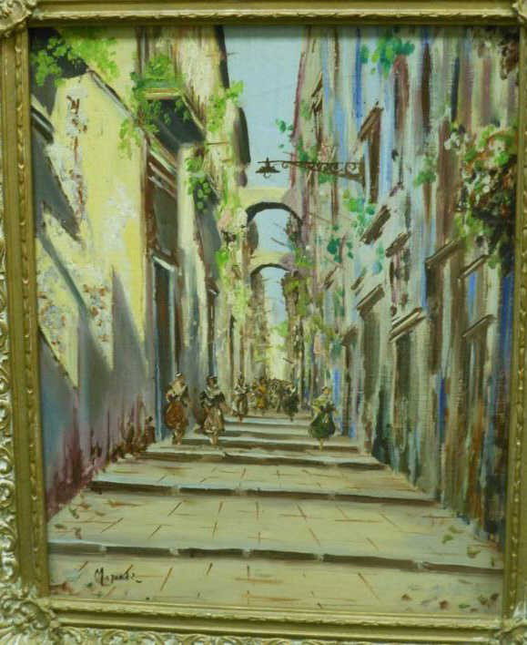 MAJANDI, CONTINENTAL SCHOOL: Street scene with figures, oil on canvas, signed lower right, framed. 21 x 17 inches