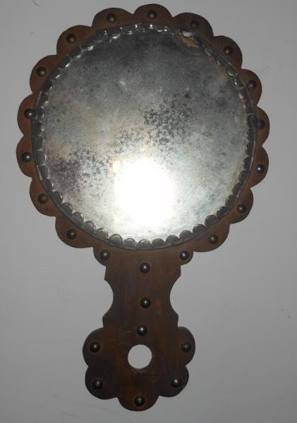 TAXCO WOOD AND TIN HAND MIRROR: with round mirrored plate, burned mark, possibly WS for William Spratling.