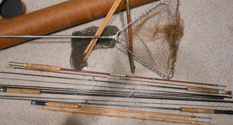 COLLECTION OF FLY FISHING RODS: Including a South Bend, and two vintage nets.