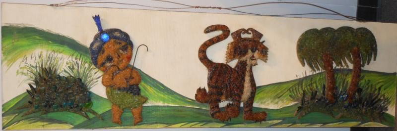 ART GLASS WINDOW PLAQUE: Rectangular, showing Sambo with green umbrella, with tiger and tree to the right, through access behind figures for lighting. 15 x 52 in. From the last Sambo's restaurant in St. Louis.