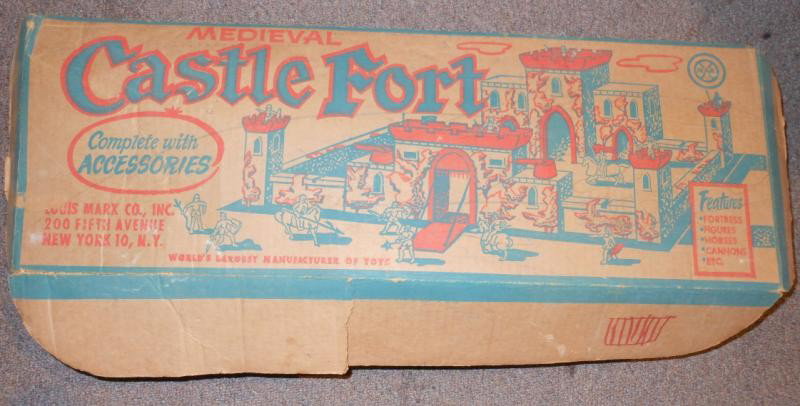 LOUIS MARX CO., INC. "MEDIEVAL CASTLE FORT": Metal castle and assorted figures, still with original box, played with.