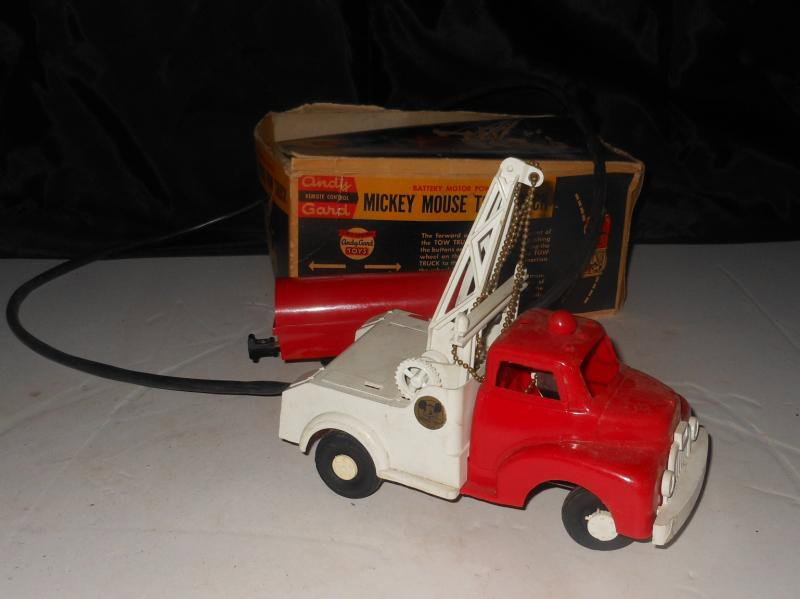 ANDY GARD MICKEY MOUSE TOW TRUCK: Battery operated toy, with original box (top torn off).
