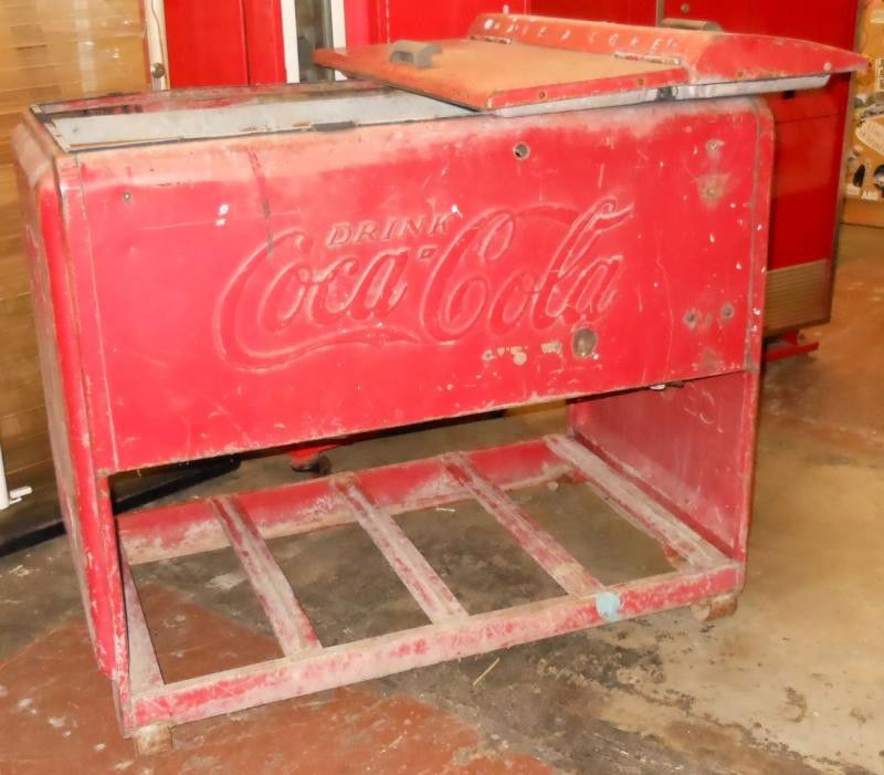 COCA-COLA WET COOLER: Horizontal, with two associated hinged "HAVE A COKE" flip doors, rough condition.