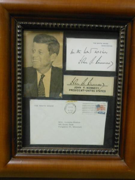 JOHN F. KENNEDY framed White House envelope,: picture and two "signed" pieces.