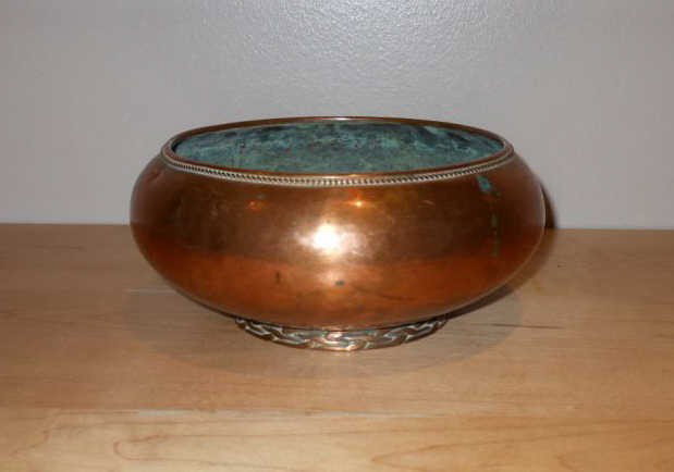 DRYAD LESTER: Copper circular bowl with rope border, stamped and numbered 247. 3 1/2 x 7 1/2 inches