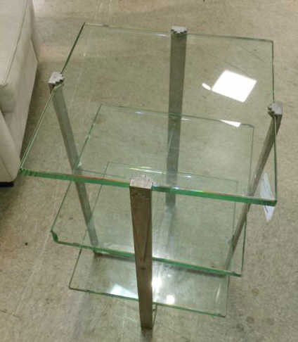 ART DECO THREE TIER SIDE TABLE: Four metal supports holding three thick shelves. 30 1/2 x 19 x 19 inches