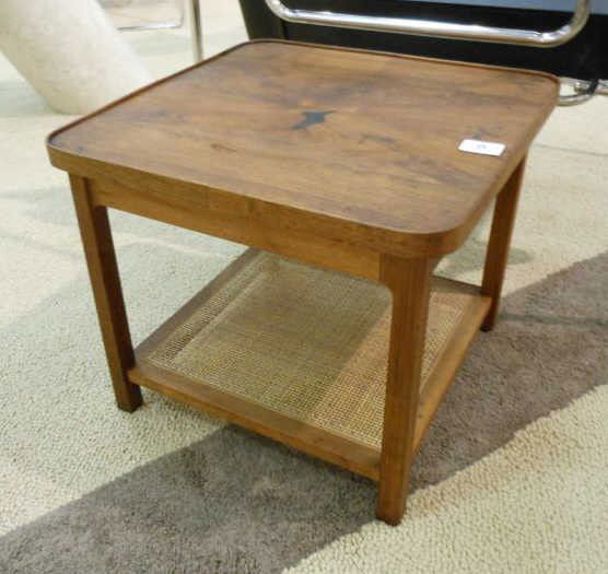 PAIR OF TEAK SIDE TABLES: with caned lower shelves. 16 1/2 x 19 x 19 inches
