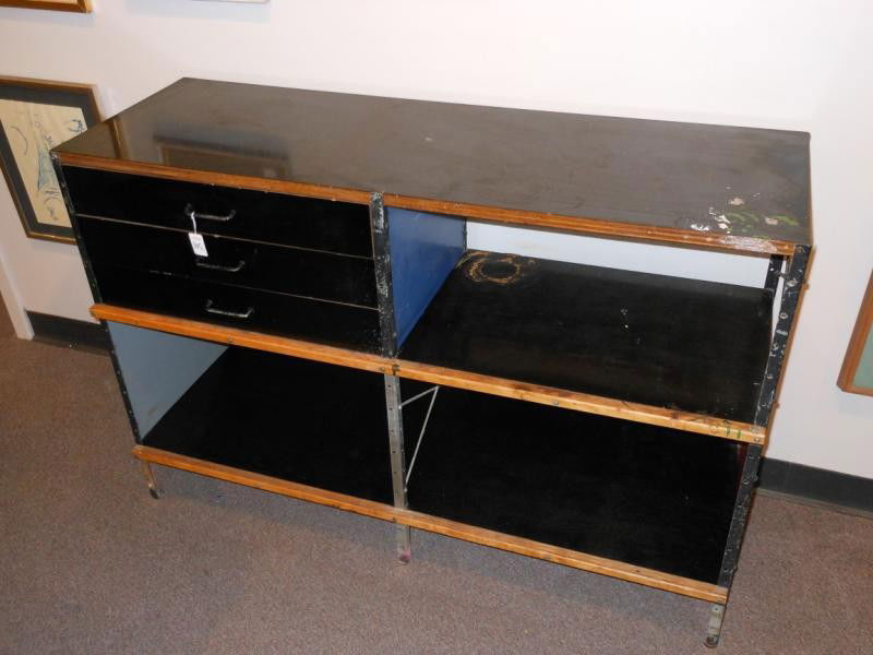 CHARLES & RAY EAMES FOR HERMAN MILLER: ESU 200, circa 1950's, painted birch and zinc plated steel, missing doors. 32 1/2 x 47 x 17 inches