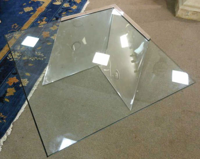 BRUETON: Coffee table, glass and chrome metal. 14 x 42 1/4 x 42 1/4 inches