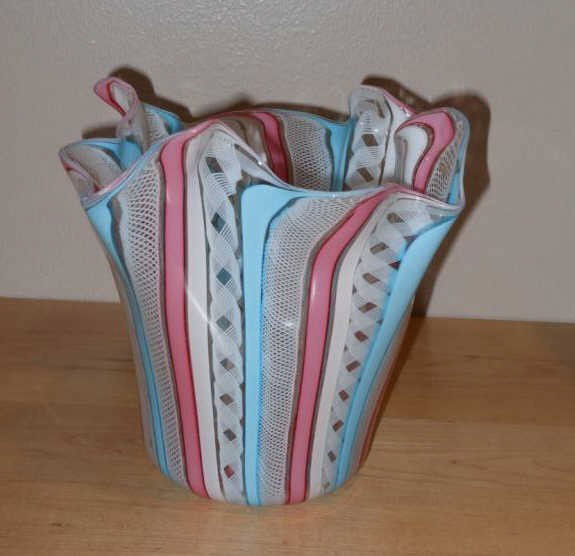 ITALIAN BLOW GLASS HANDKERCHIEF VASE: alternating panels of pink, white and blue glass ribbons, shaped rim. 6 1/4 x 6 1/2 inches