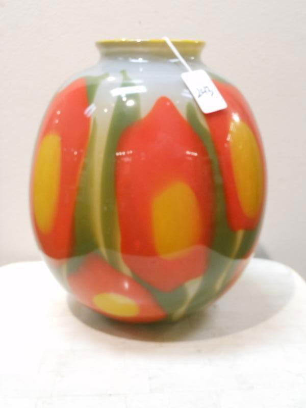MARK C. PEISER, AMERICAN (B.1938): Hand-blown oviform glass vase, 1975, grey ground with internally decorated orange-red, yellow and olive flowerhead and foliate motif, etched OP14 NSD 67 N55, signed and dated. 11 inches
