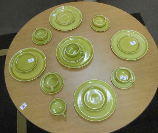 RUSSEL WRIGHT: Dinner service for six, Chartreuse Curry, comprising six dinner plates, six bread and butter plates, six cups, six saucers, 24 pieces total. 10 inches (dinner plate) 6 inches (bread & butter plate)