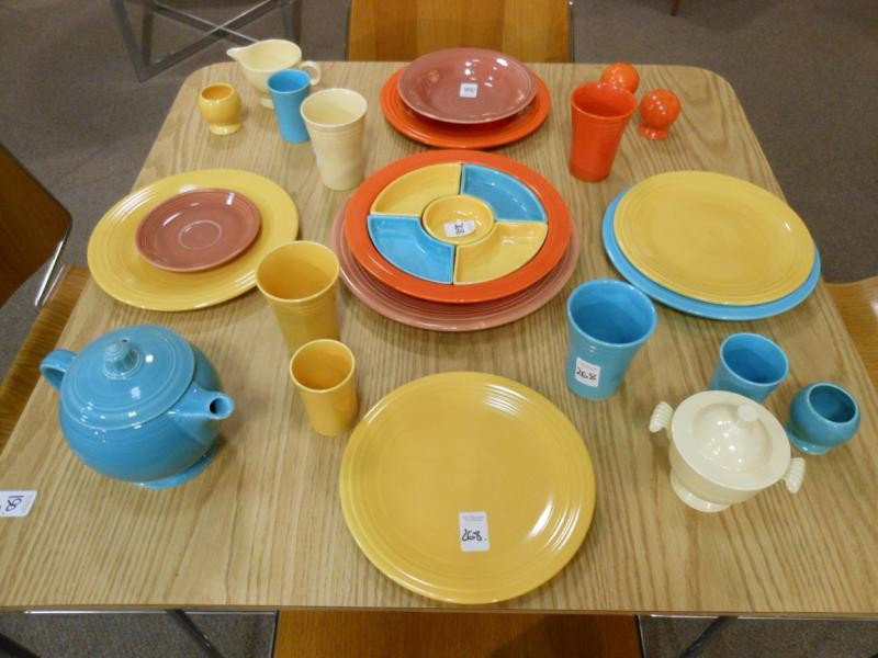 VINTAGE ASSORTED COLOR FIESTA COLLECTION: Assortment comprising twenty-three pieces including serving articles in turquoise, yellow, red, ivory and rose.