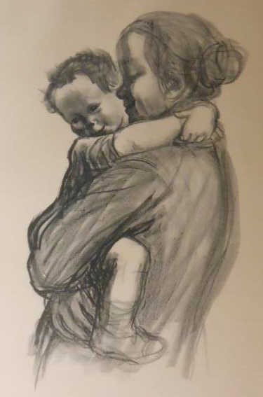 KATHE KOLLWITZ, GERMAN (1867-1945): MUTTER MIT JUNGEN, later edition, lithograph, unsigned, framed. 17 1/2 x 12 1/2 inches