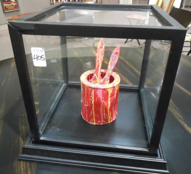 STEVE KAUFMAN, AMERICAN (1960-2010): TRIBUTE TO POLLOCK, 2003, paint can with brushes, signed, contained in a black frame and glass case. 8 3/4 x 4 1/2 x 4 1/2 inches Kaufman was Andy Warhol's assistant during the Warhol Factory days.