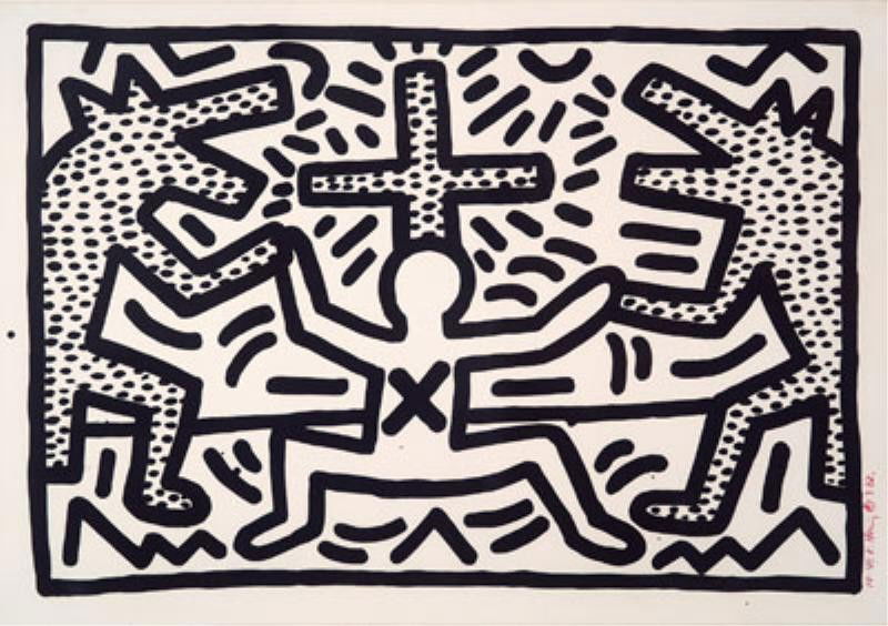 KEITH HARING, AMERICAN (1958-1990): UNTIITLED (from Untitled 1-6), March 1982, lithograph 14 /40, signed, numbered and dated in red lower right, framed. 25 x 36 inches From the first portfolio of prints executed and completed by the art