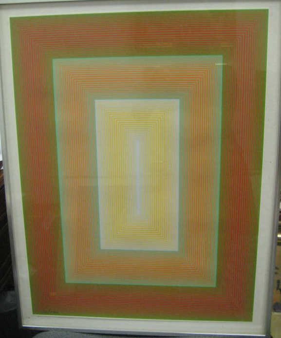 RICHARD JOSEPH ANUSZKIEWICZ, AMERICAN (B. 1930): Op art composition in green, orange and yellow, color screenprint, edition 119/500, numbered in pencil, framed. 26 x 19 1/2 inches