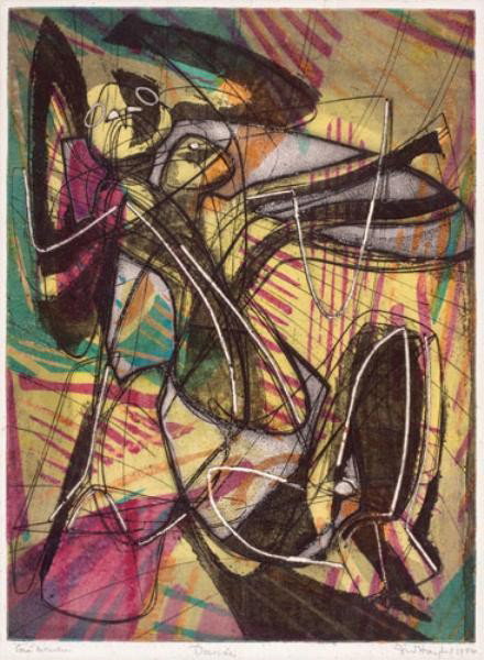 STANLEY WILLIAM HAYTER, BRITISH (1901-1988): DANAE, 1954, color etching, signed, dated and titled in pencil lower margin, framed. 16 x 11 3/4 inches