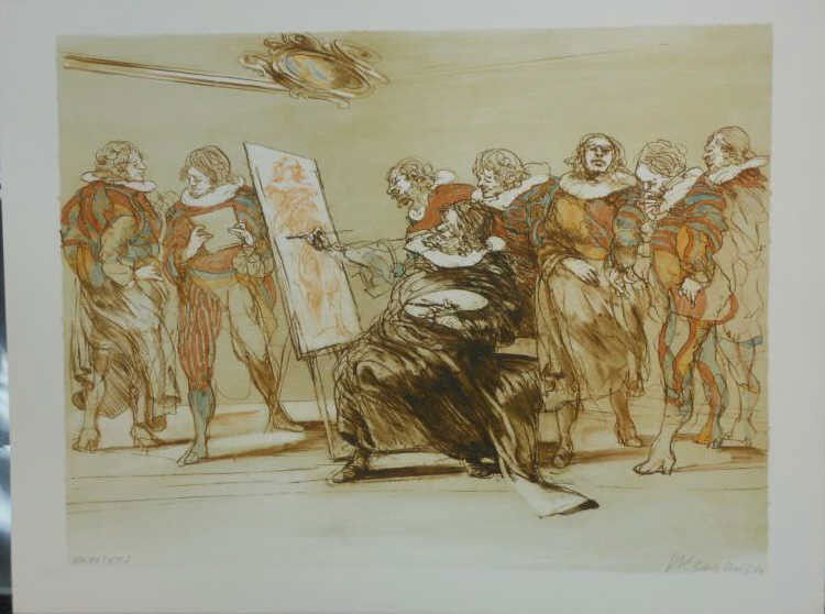 CLAUDE WEISBUCH, FRENCH (B. 1927): LES AMATEURS D'ART, color lithograph on Arches, edition #20/25, signed and numbered in pencil, unframed. 19 3/4 x 25 5/8