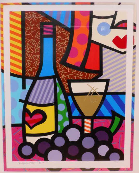 ROMERO BRITTO, BRAZILIAN (B.1965): Still life with grapes and bottle, 1996, color screenprint, 189/300, blind stamped, signed, numbered and dated in pencil, framed. 26 1/2 x 19 1/2 inches
