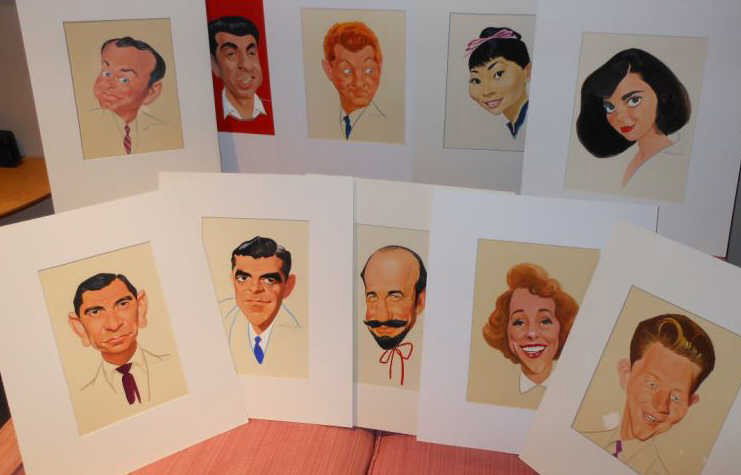 DAL HOLCOMB, AMERICAN (1901-1978): Mitch Miller, Arlene Francis, Dana Andrews, Jack Webb, Mort Sahl, Danny Kaye, Miyoshi Umeki, Natalie Wood, Donald O'Conner & Jack Parr (ten portraits), gouache on illustrative board, signed. 13 x 9 in