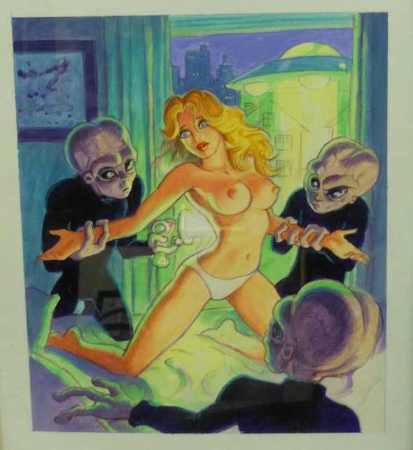 GREG HILDEBRANDT, AMERICAN (B. 1939): ALIEN ABDUCTION, 2007, mixed media on paper, signed and dated lower left, framed. 13 x 10 1/2 inches