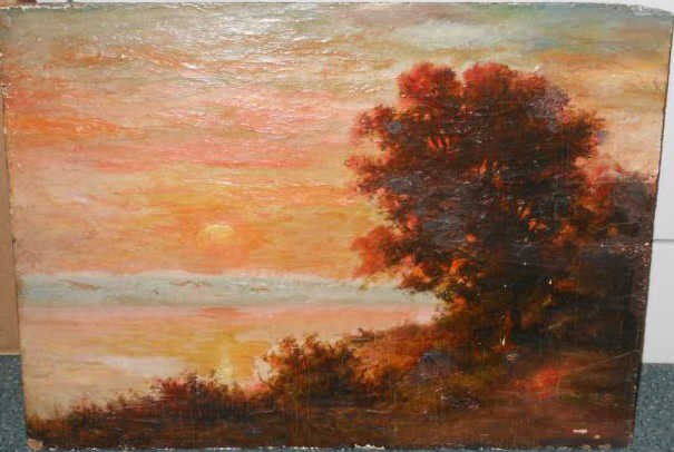 WILLIAM HART, AMERICAN: Sunset over lake, oil on wood panel, signed lower right, unframed. 11 1/2 x 15 1/2 inches