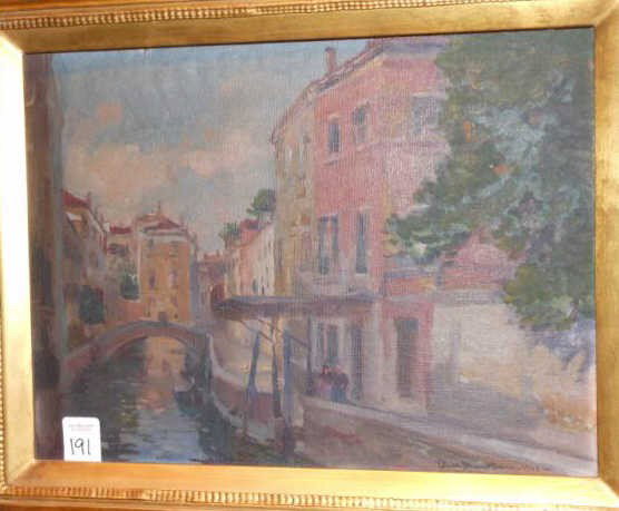 OLIVER DENNETT GROVER, AMERICAN (1861-1927): Venetian canal, 1923, oil on canvas board, signed and dated lower right, gilt-framed. 12 x 16 inches
