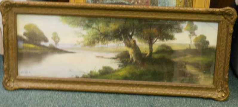 WILLIAM HENRY CHANDLER, AMERICAN (1854-1928): Mountain lake scene, pastel on paper, signed lower right, in original gilt frame. 18 x 39 1/2 inches