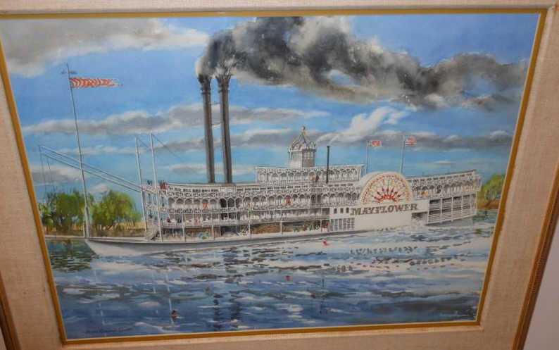 JAMES GODWIN SCOTT, AMERICAN (B.1931): MAYFLOWER RIVERBOAT, watercolor on paper, signed lower left, framed. 17 1/2 x 24 inches