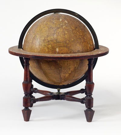 GEORGE III TABLE GLOBE, T. M. BARDIN, LONDON, 1807: THE NEW TWELVE INCH BRITISH TERRESTRIAL GLOBE, on turned mahogany stand joined by stretchers, imperfections and losses. 18 x 18 inches (overall)
