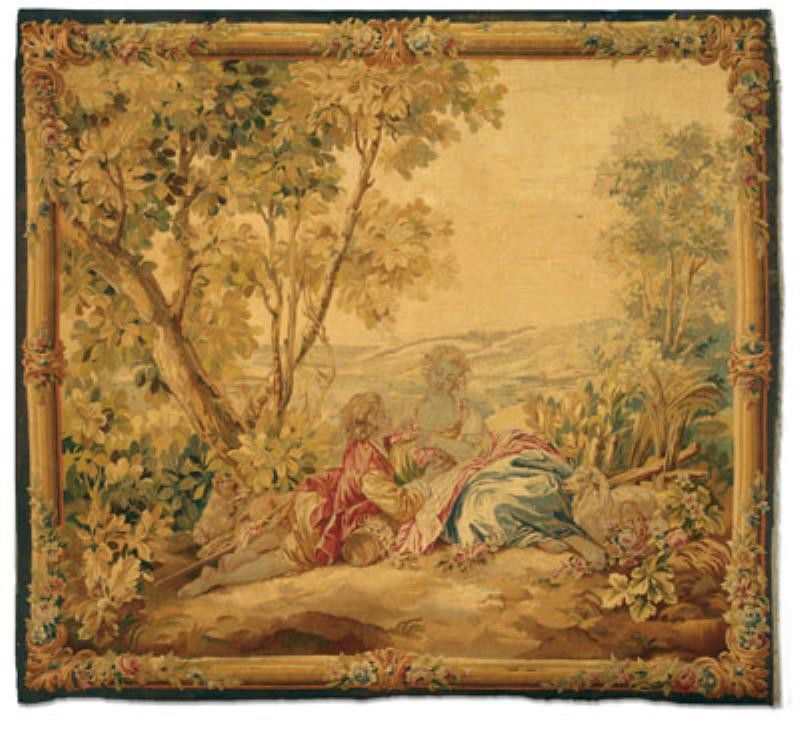 ANTIQUE FRENCH AUBUSSON TAPESTRY: 18th century style, depicting a couple in a lush garden setting surrounded by animals, poor condition. 6 ft. 6 in. x 5 ft. 11 in.