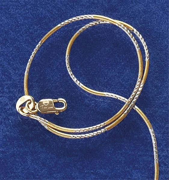 TWO TONE GOLD CHAIN: 14k yellow gold chain with white gold accents. 18 inches. 3.7 grams.