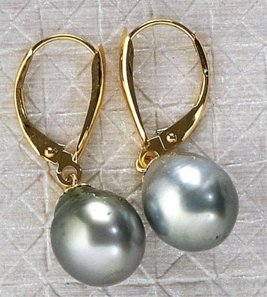 DANGLING PEARL EARRINGS: 14k yellow gold lever back pierced earrings with two dangling deep silver grey color. Pearls are pear shaped measuring 11mm x 9.5mm. 3.7 grams.